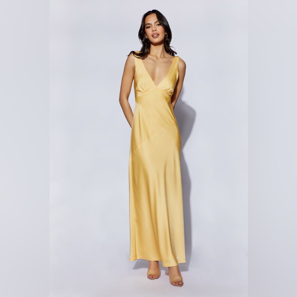 New MESHKI Nadia Maxi Satin Dress with Back Cowl - Lemon color